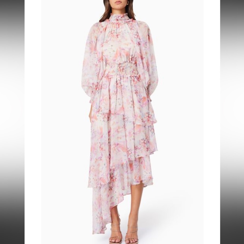 Elliatt Pink Floral Asymmetrical High-Neck Ruffled Midi Dress